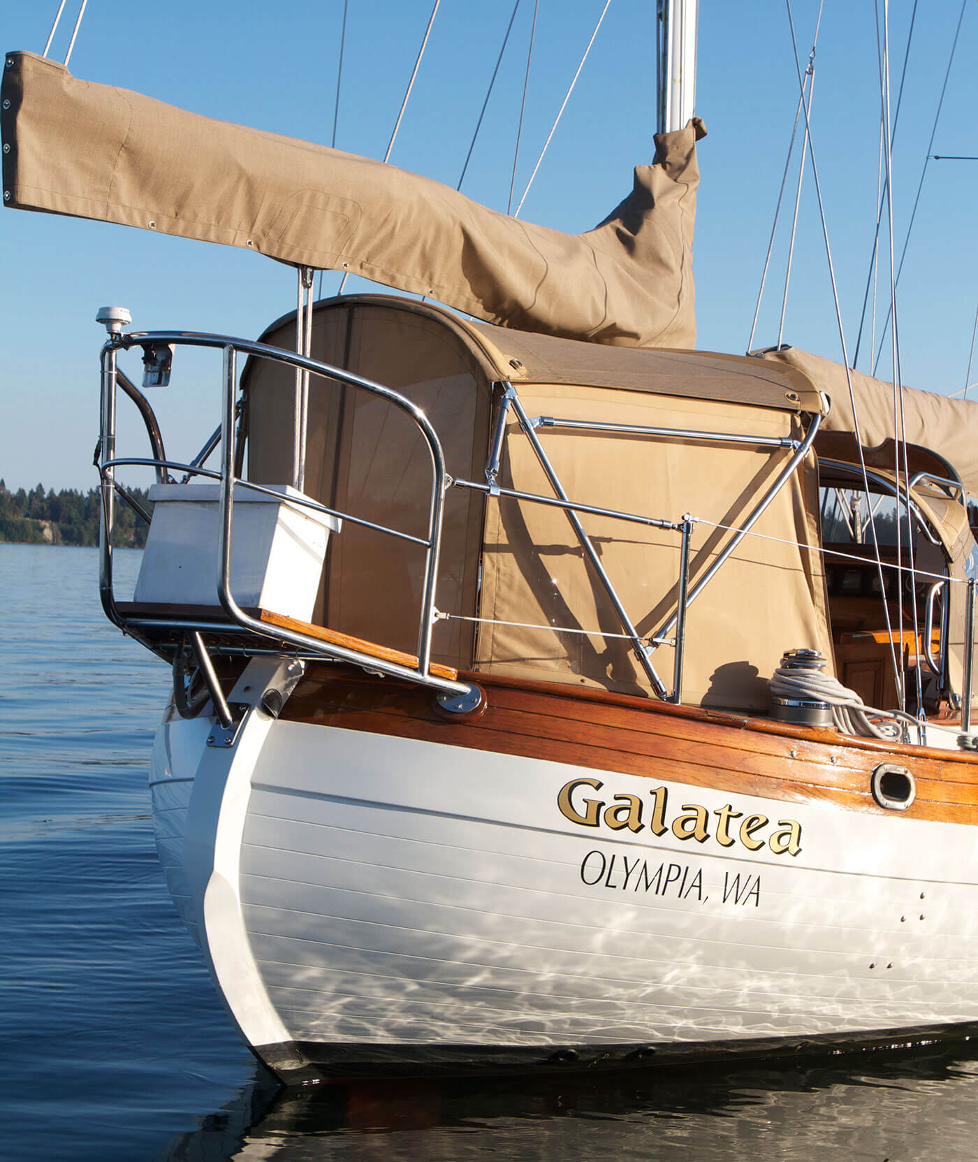 Galatea Sailcover and Enclosure Galatea sailboat featuring sailcover and enclosure made using Sunbrella fabrics