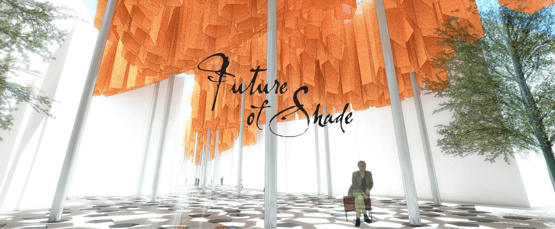 Future of Shade concept featuring hanging orange structures of Sunbrella fabrics